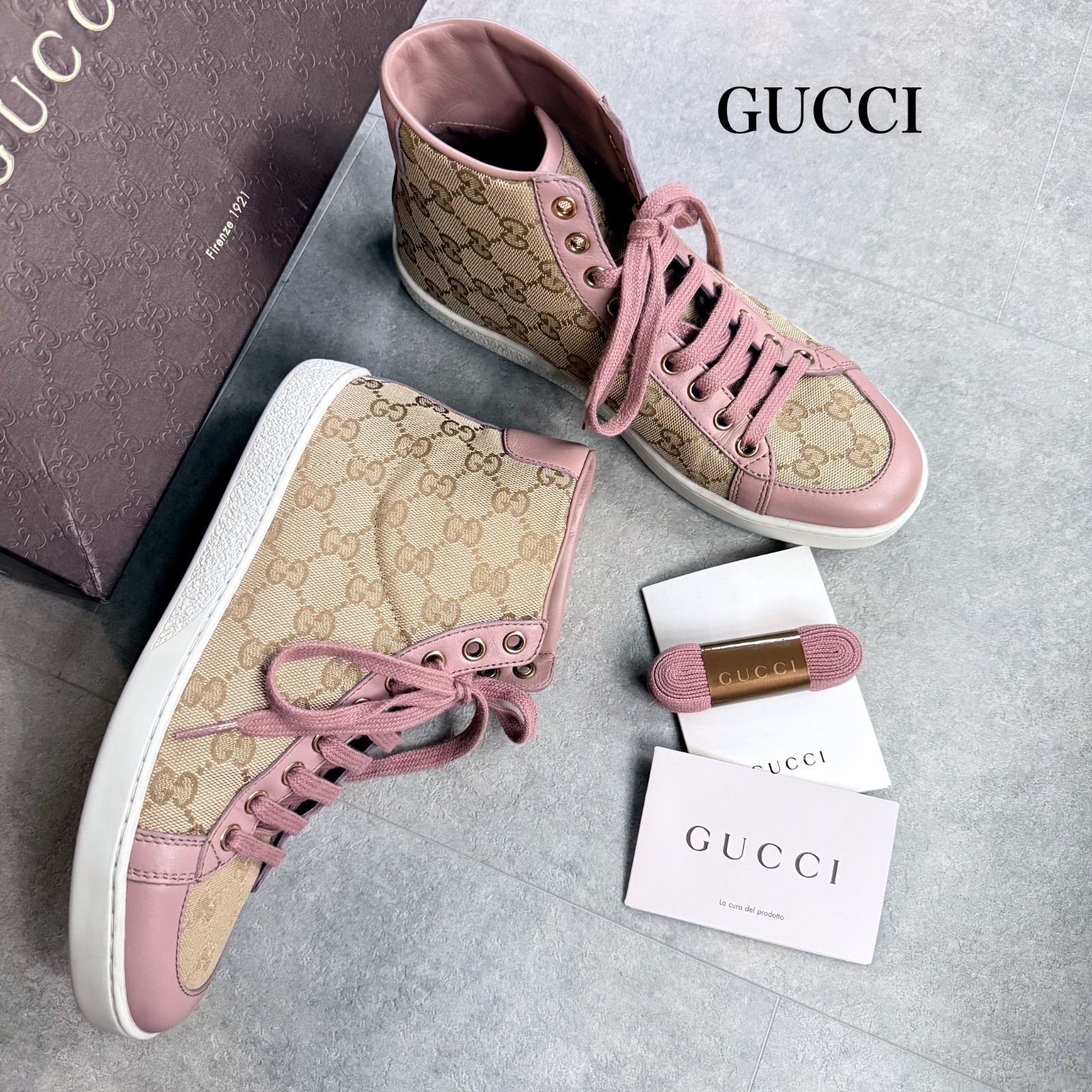 美品 GUCCI グッチ GGキャンバス ハイカットスニーカー ピンク レザー