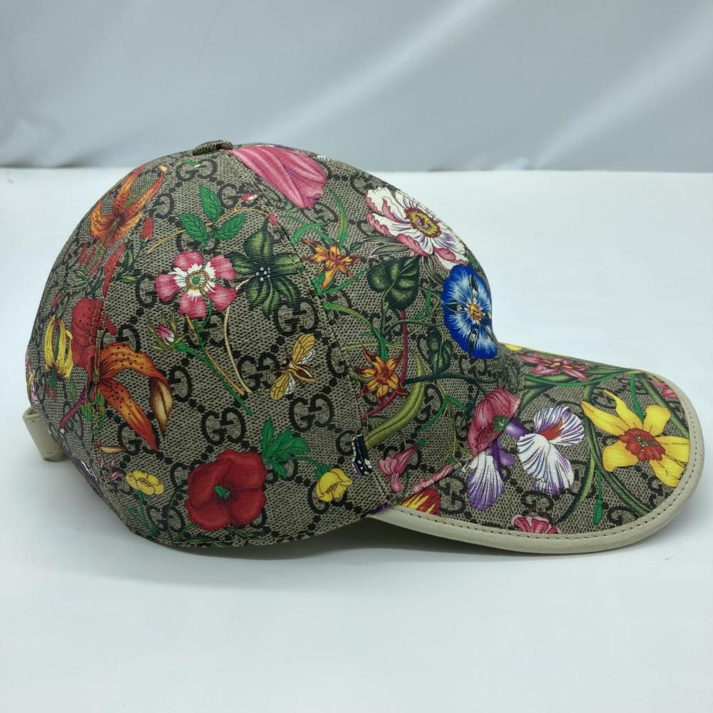 中古】GUCCI GG柄 フローラル レザーキャップ サイズS ブラウン 603986