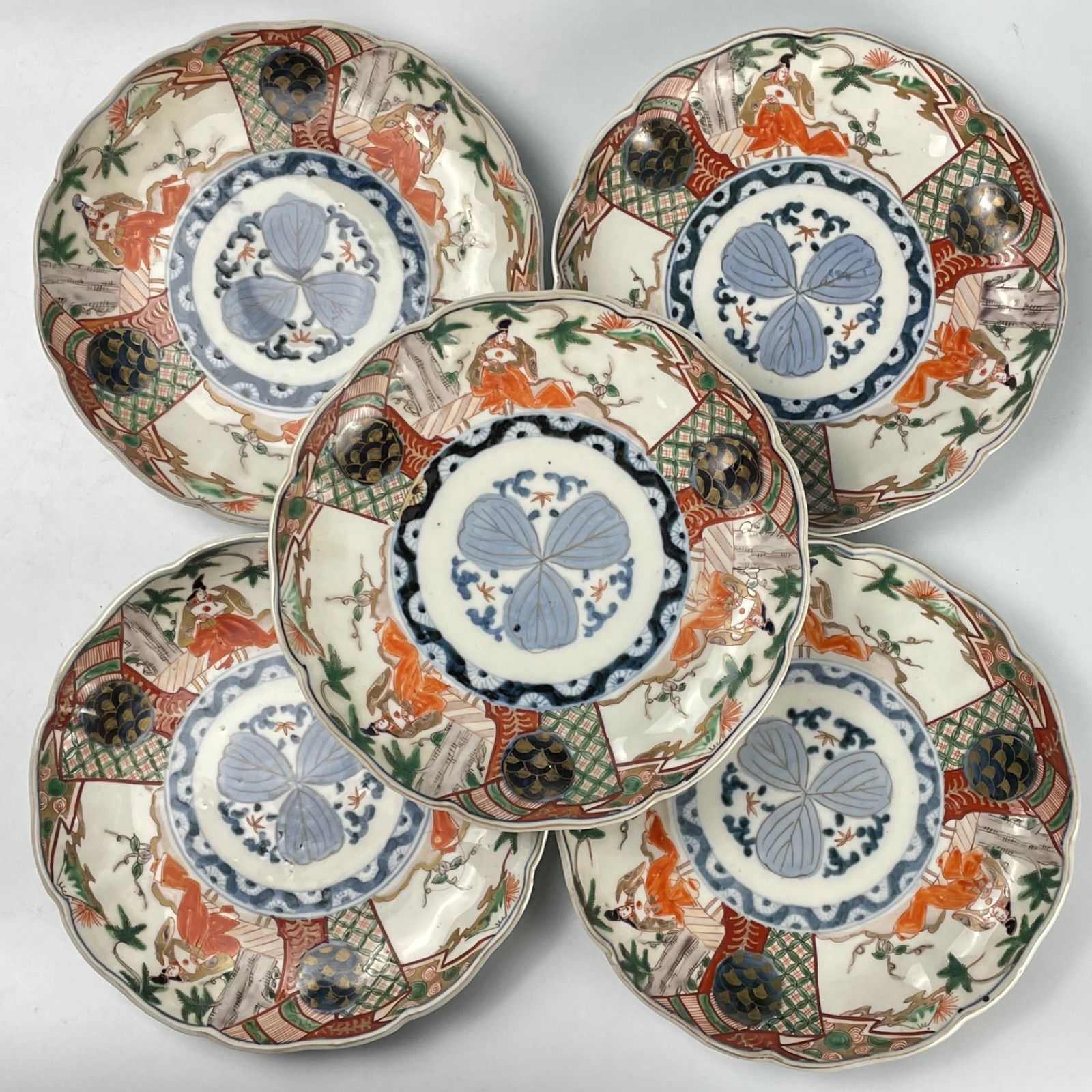 656 錦手 松 人物 古伊万里 伊万里焼 骨董 アンティーク 7寸皿 5枚