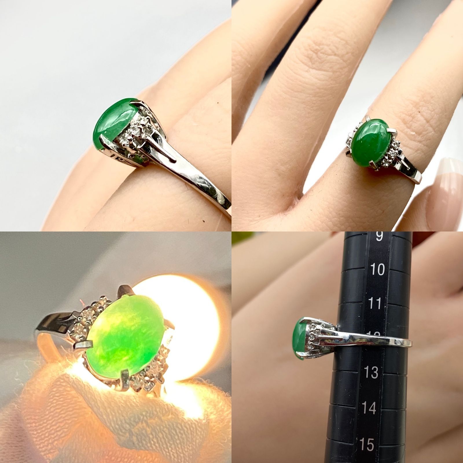 Pt900 翡翠 ヒスイ ジェダイド 琅玕 ろうかん ダイヤモンド 唐草