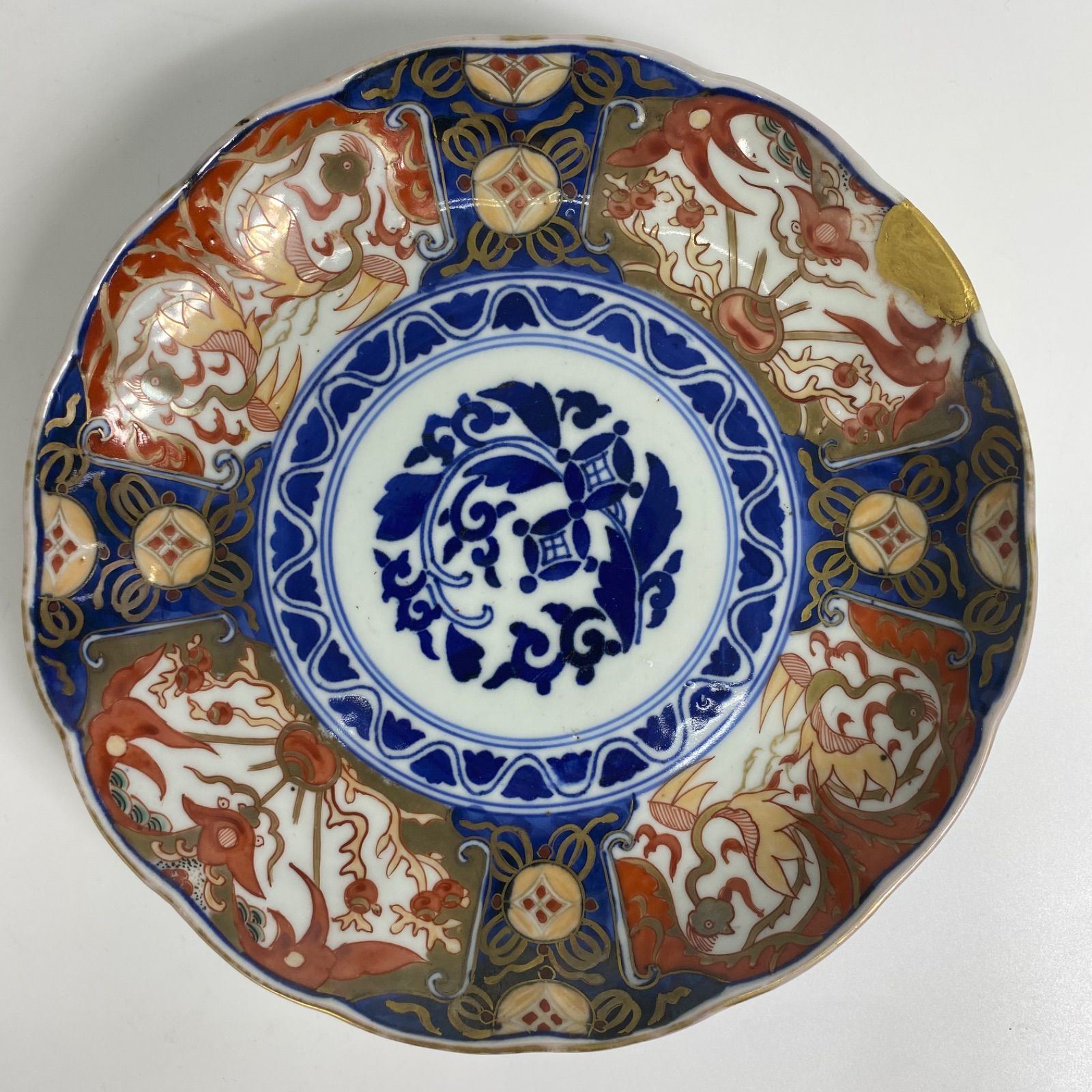 希少 古伊万里 長春富貴 印判 金継ぎ有 アンティーク色絵皿 ペア 骨董