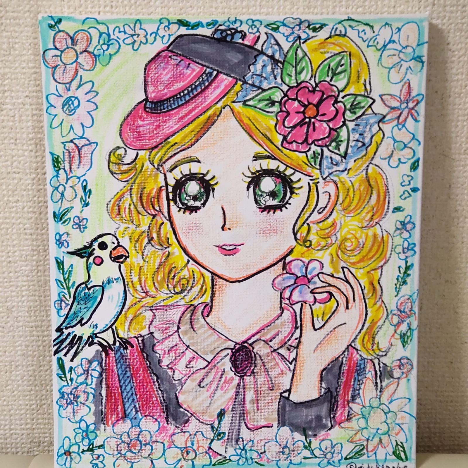 キャンバス レトロ イラスト「レトロな少女漫画ぽい、かわいい女の子