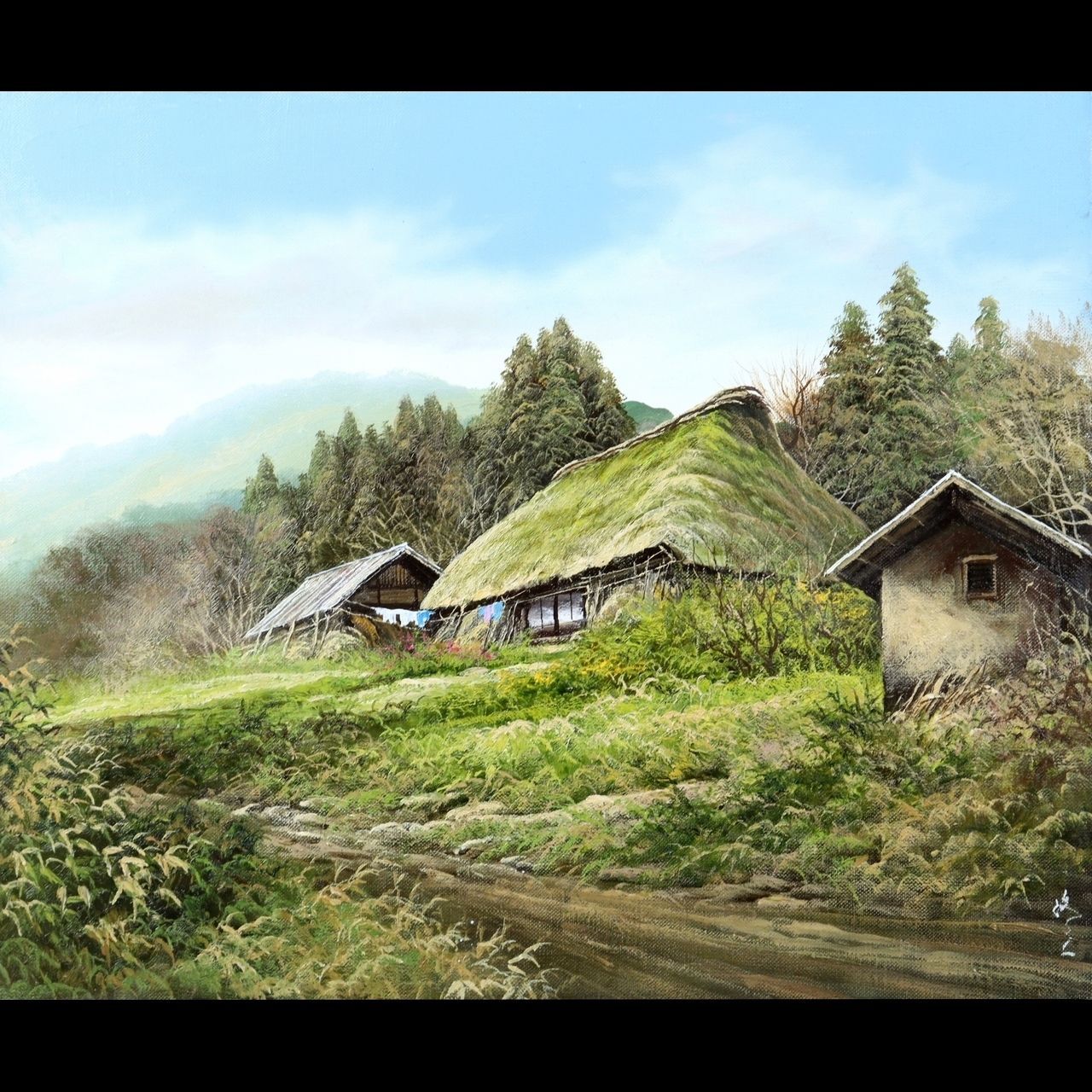 有名日本画家 大友 修一 風景画 油彩 サイン入り 有名日本画家 大友