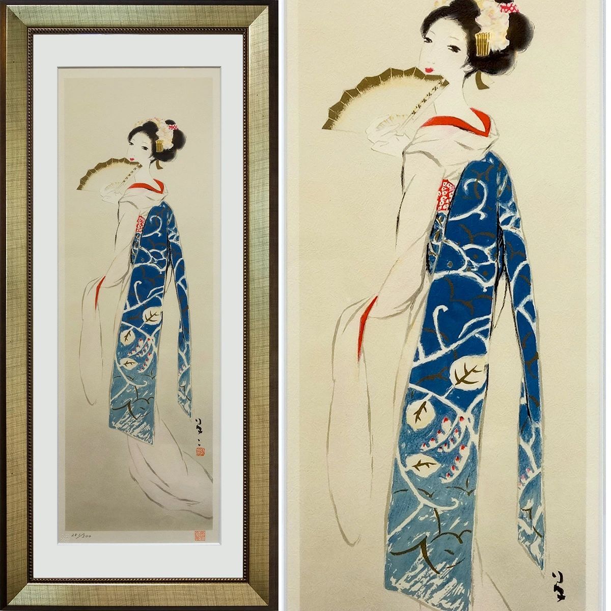 版画 竹久夢二 「扇を持つ舞妓」 リトグラフ 額付き たて長の絵 美人画