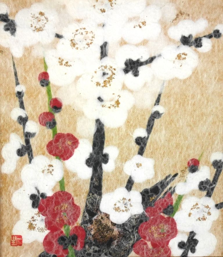 山内一生『紅白梅』◇和紙工芸◇落款有◇日展特選、評議員！師：藤井