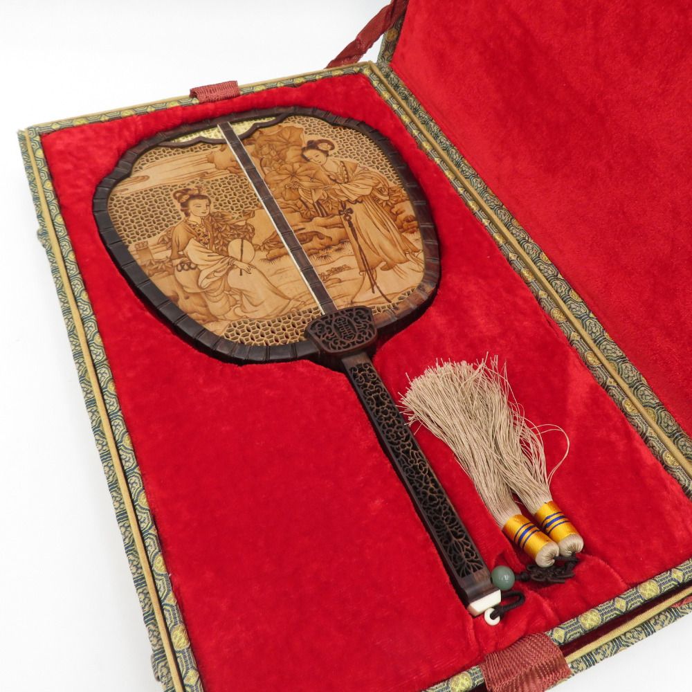 軍配団扇 中国 古玩 時代唐物 木製 人物風景画 箱入り 中国古美術 美品