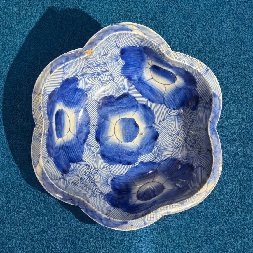 ベロ藍 染付 花重ね図 花形鉢 深鉢 鉢 取り皿 飾り皿 和食器 明治 陶器