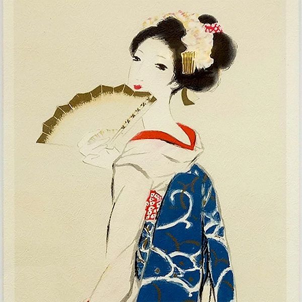 版画 竹久夢二 「扇を持つ舞妓」 リトグラフ 額付き たて長の絵 美人画