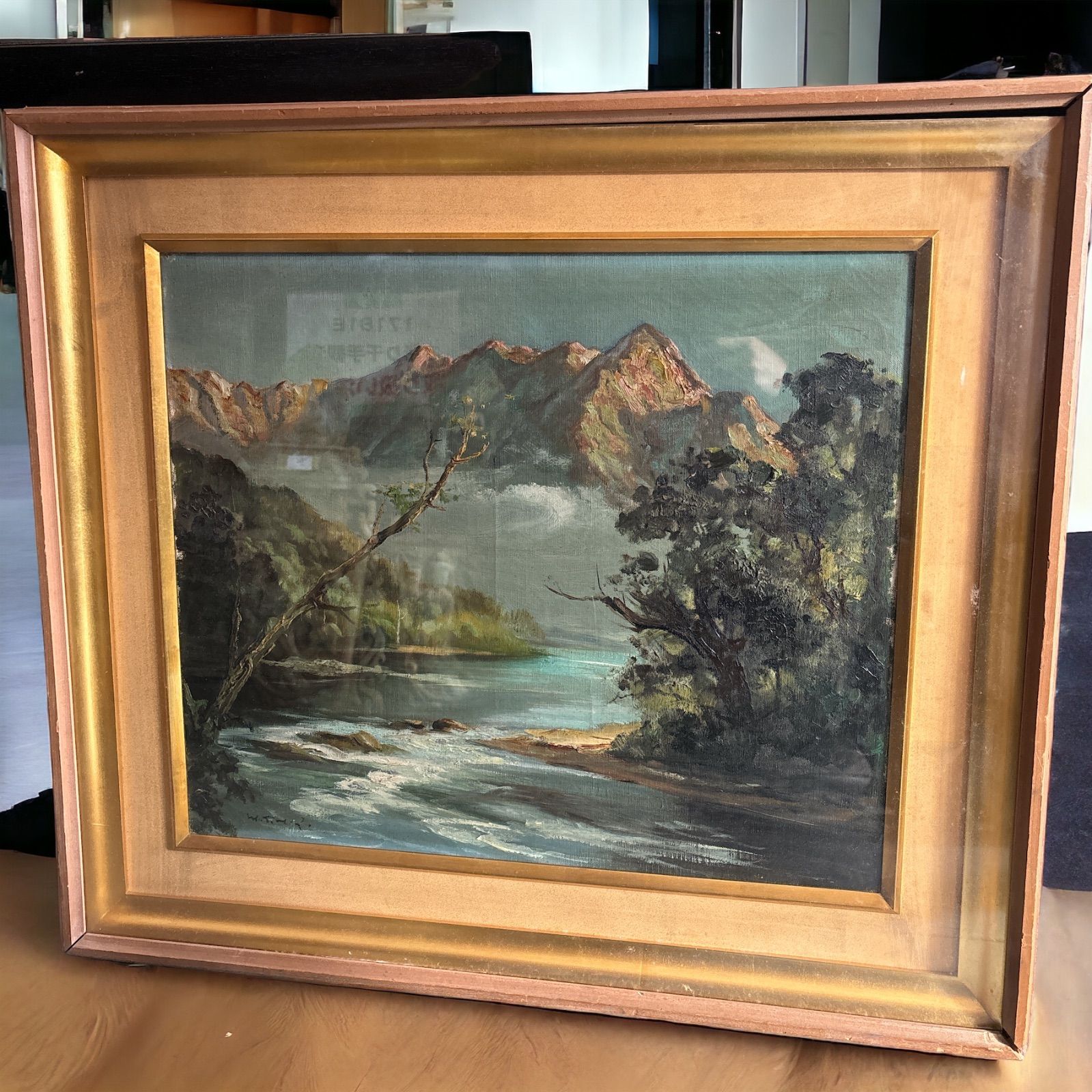 風景油彩画 アンティーク な油絵金色フレーム付きビンテージ 日額