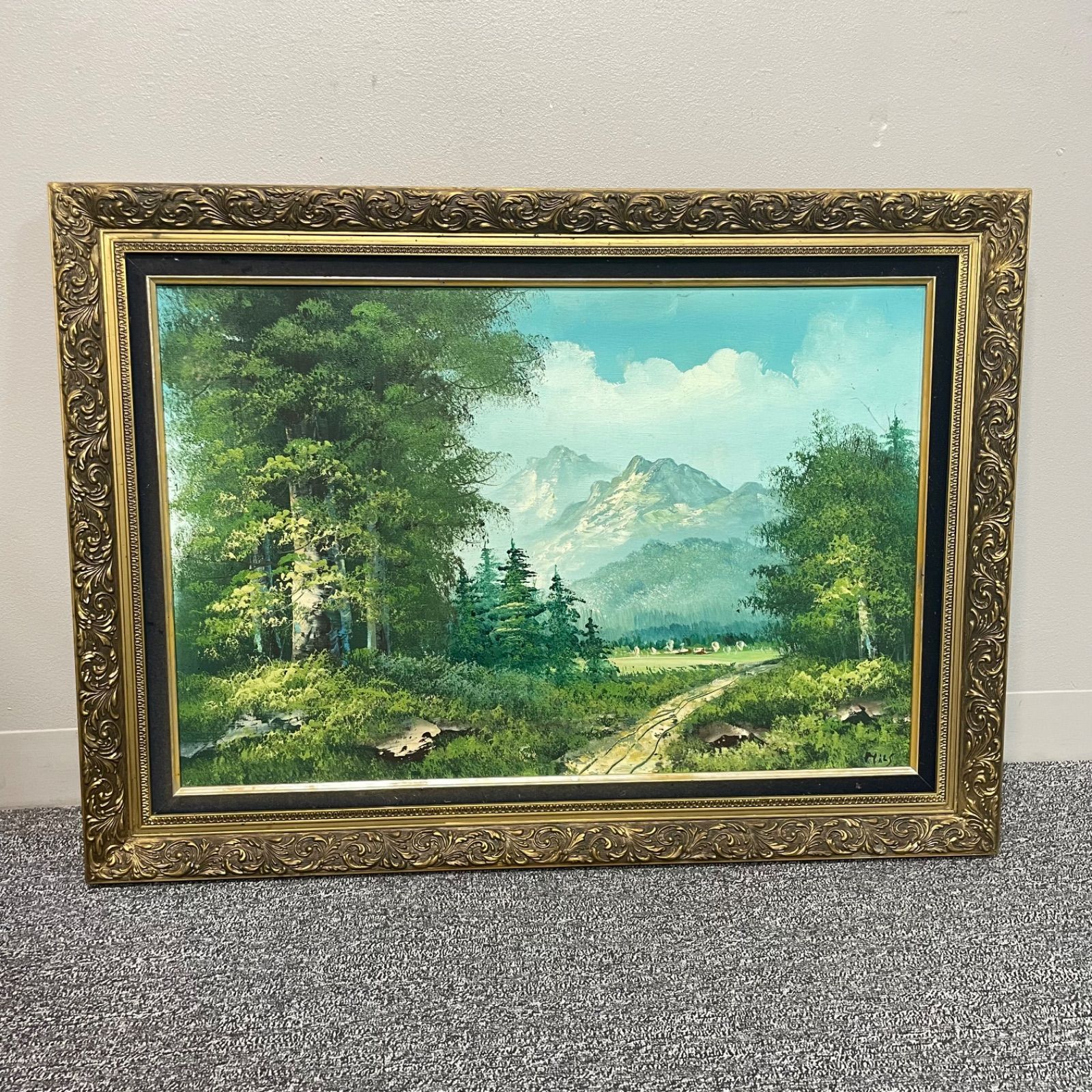 絵画インテリア 額付 ( 青緑＋金色の枠 )油絵 E12427 寅若繁 「緑風」