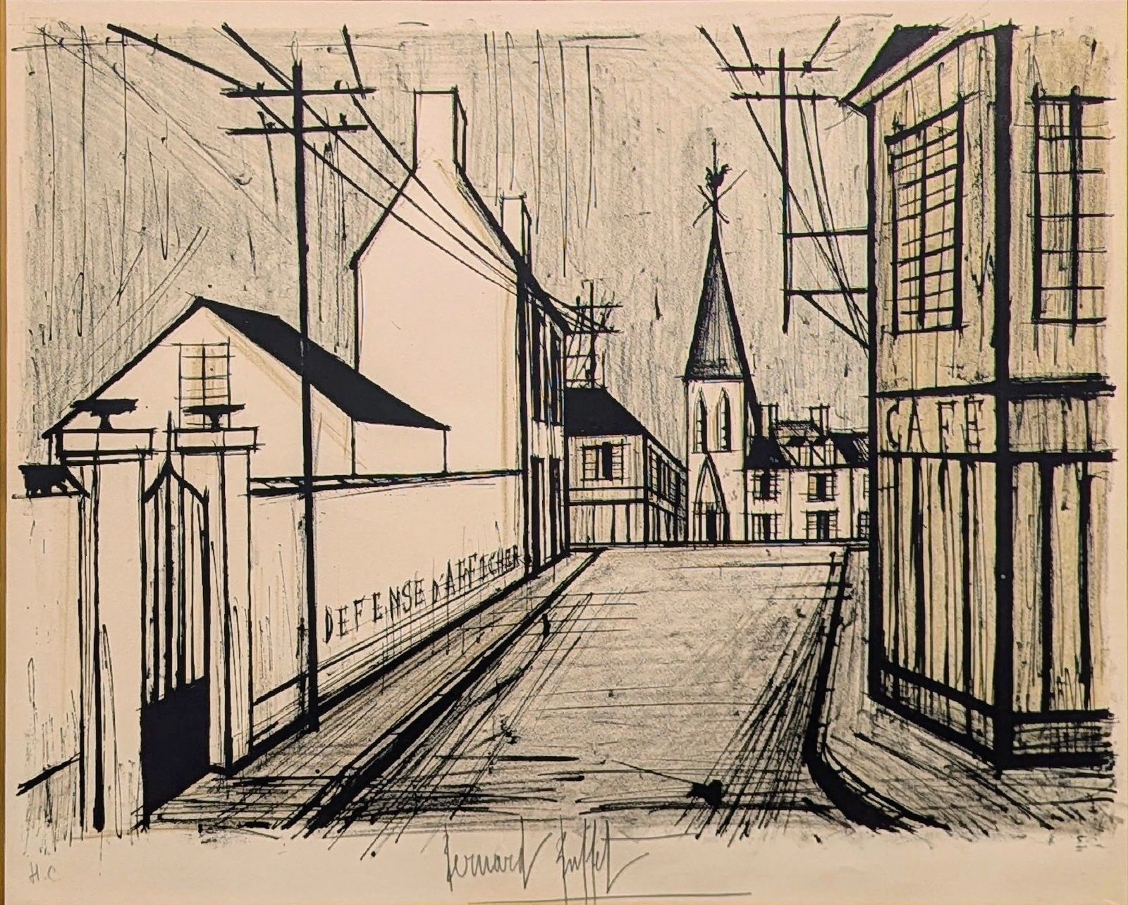 ベルナール・ビュッフェ「坂道と教会」リトグラフ 直筆サイン 1969年