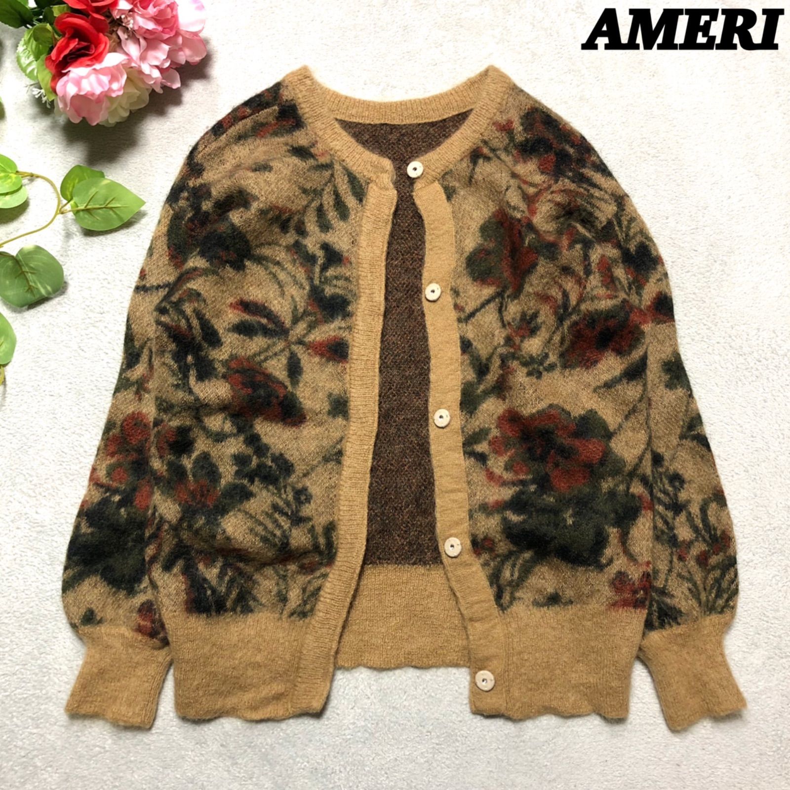 AMERI モヘアカーディガン ジャガードニット 花柄 総柄 3WAY NOSTALGIC