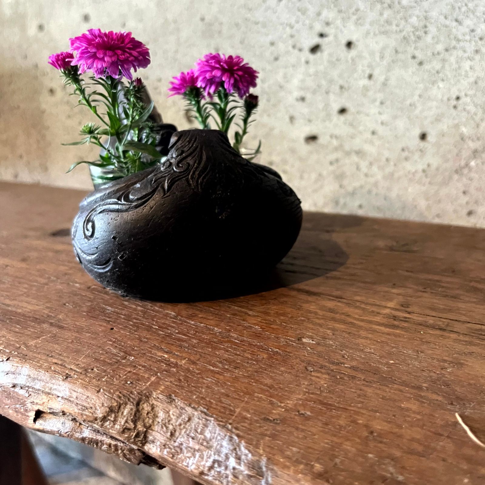 唐獅子 墨壷 墨つぼ 大工道具 大正ガラス付き 花器 全長24cm 0131