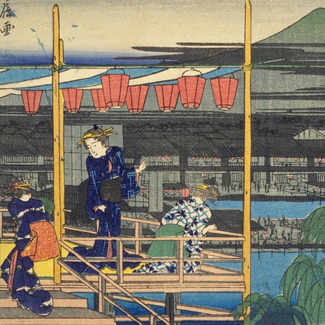 河原夕涼み図】奥村石蘭 703 京都鴨川 四条納涼 掛け軸 肉筆 【公式通販】