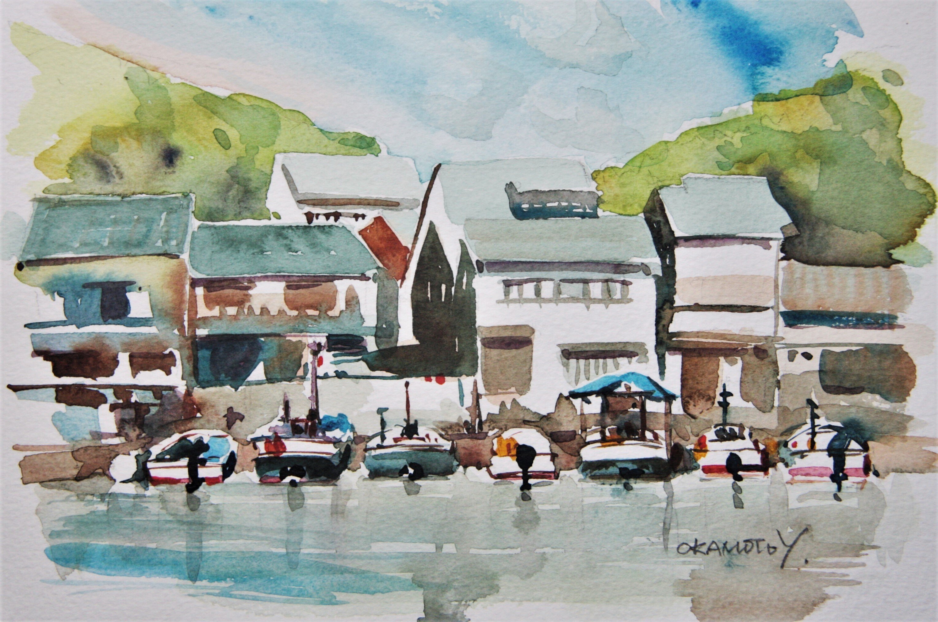 宿場町「室津」の小さなドック／海辺の水彩画｜海の音 - umi no oto