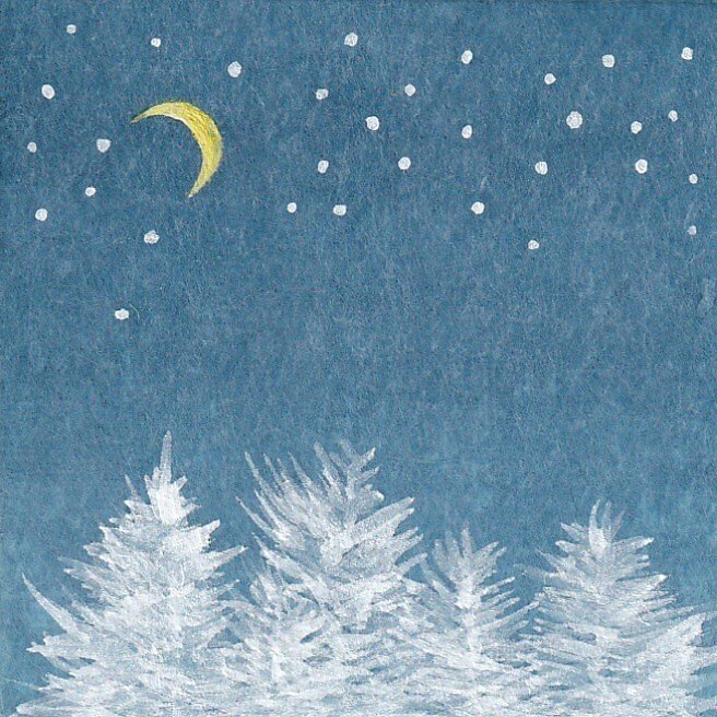 日本画原画】夜の森(白)と三日月 絵画 ミニ額付き ミニアートパネル