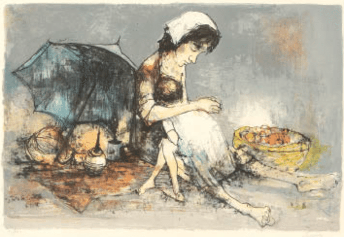 ジャン・ジャンセン】 版画 / リトグラフ「傘を持つ母子」 査定 買取