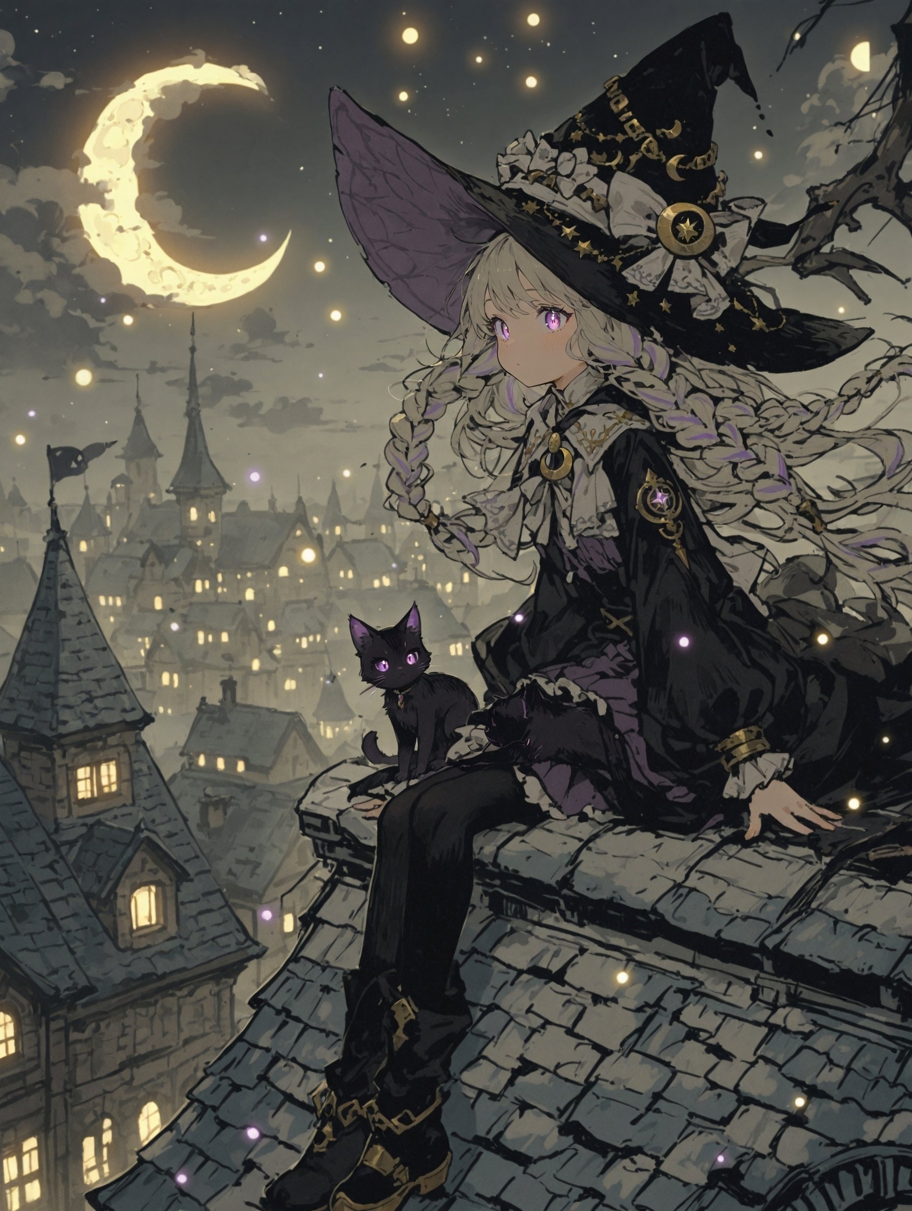 AIイラスト制作記｜モノクロ×差し色2色で描く屋根の上の魔女と猫