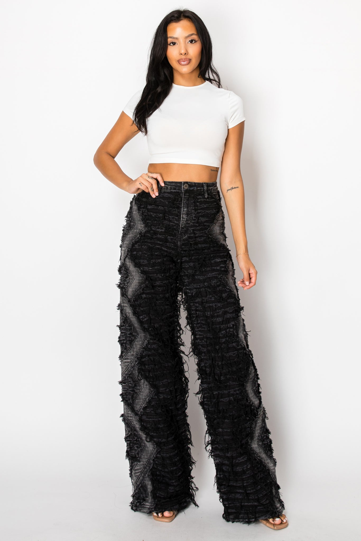 40792 High Rise Dual Layer Wide Leg Shaggy Jeans W/ Helix Outseam