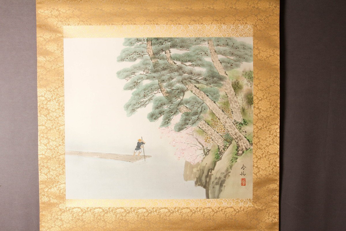 真作梶野玄山⁄春渓釣り人図⁄掛軸☆宝船☆AB-291