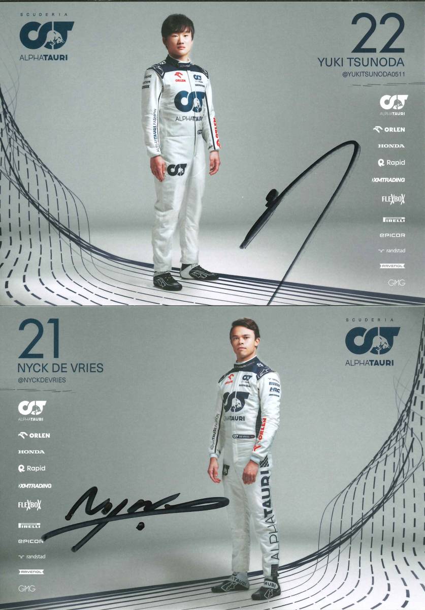 2023アルファタウリ○Nデフリース・角田裕毅○直筆サインカード2枚