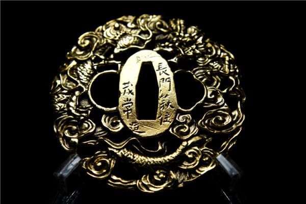 細工唐銅金銀象嵌 龍神紋鍔 長門萩住茂常造在銘 刀