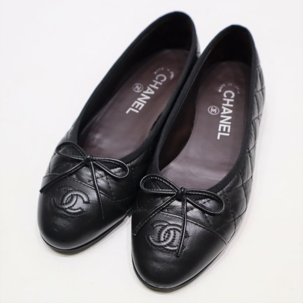 CHANEL シャネル ブラック レザー CCマーク フラットシューズ 39 楽天