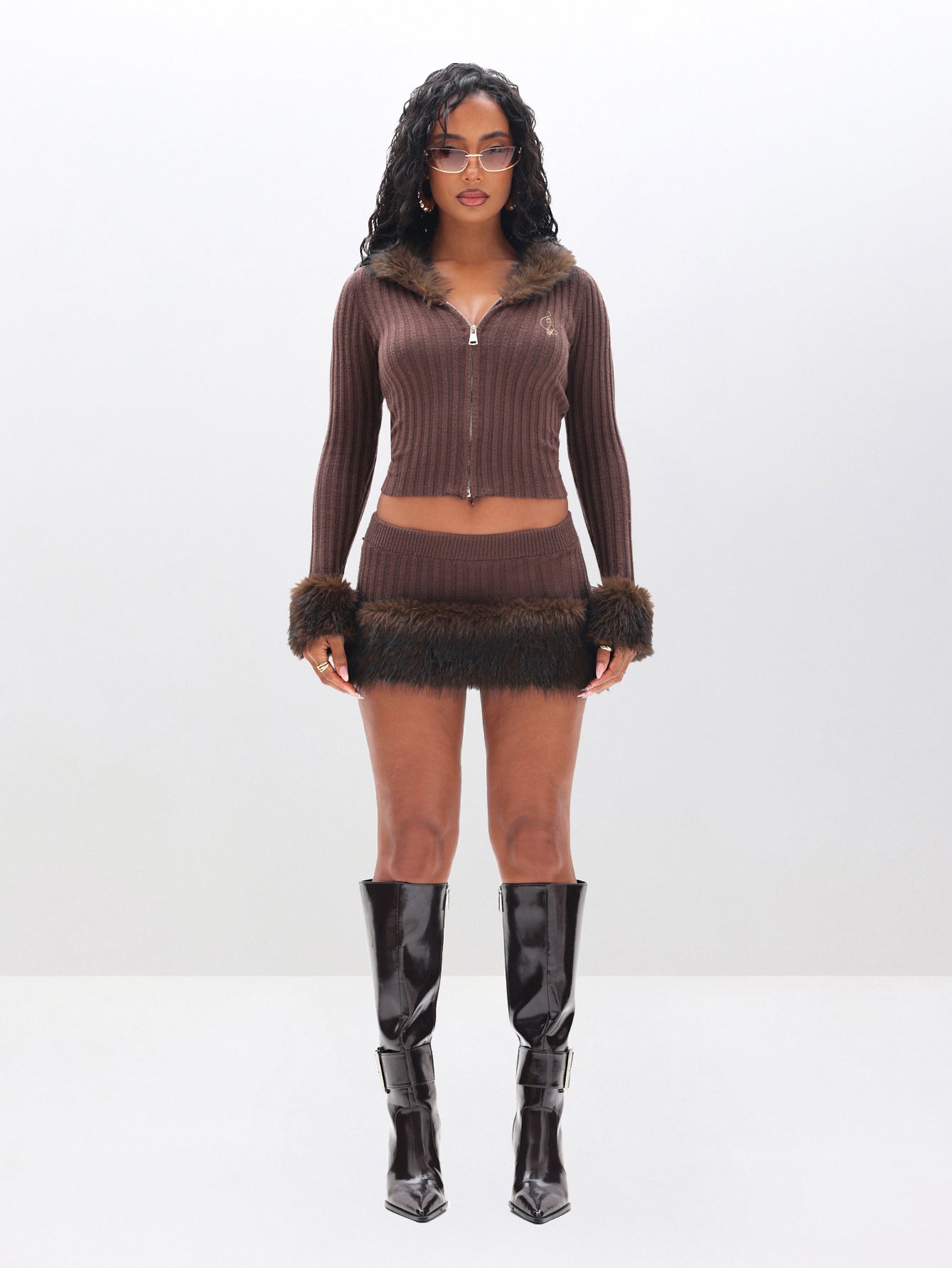 Knit Cardigan with Fur Trim in Brown – Baby Phat