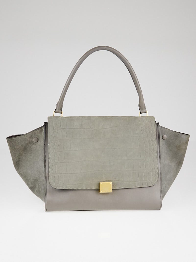 Celine Grey Crocodile Stamped Nubuck and Smooth Leather Large