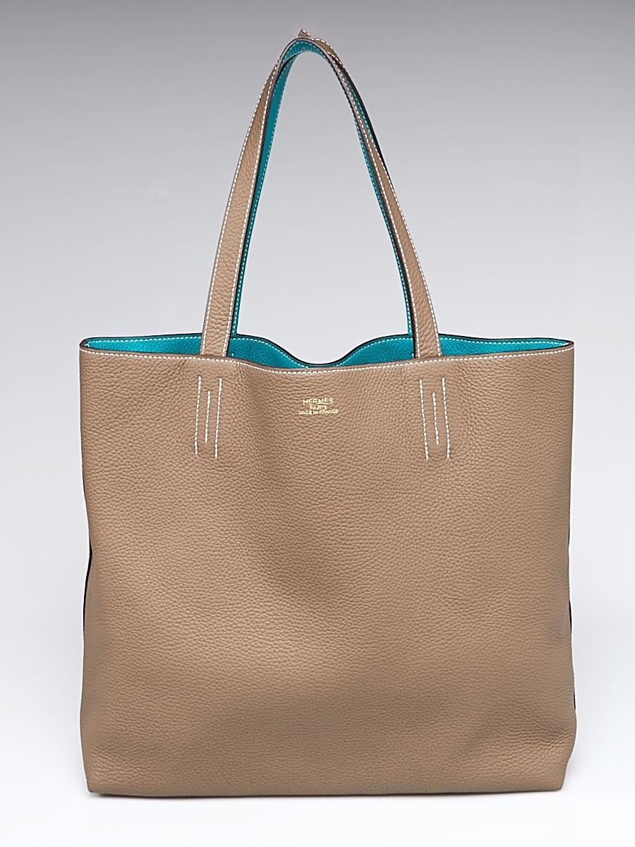 Hermes 45cm Etoupe/Blue Paon Clemence Leather Double Sens