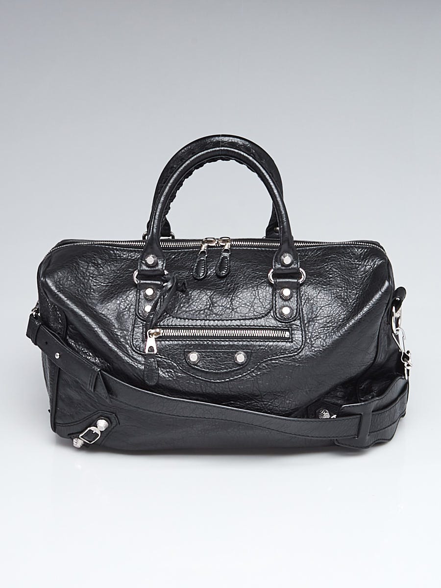 Balenciaga Black Lambskin Leather Polly Boston Bag | Yoogi's Closet