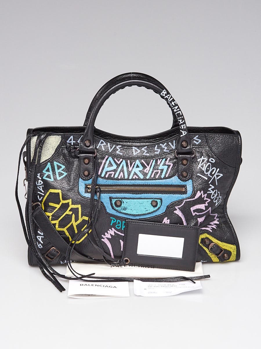Balenciaga Black/Multicolor Lambskin Leather Graffiti Classic City