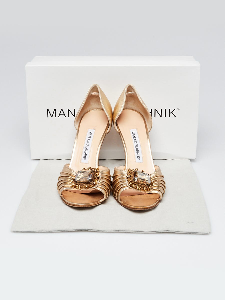 Manolo Blahnik Gold Leather Sedaraby Crystal D'Orsay Peep Toe