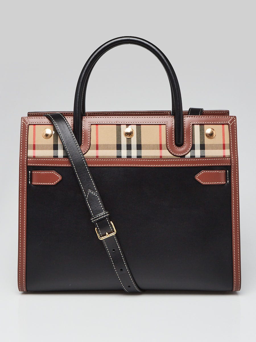 Burberry Black Leather Vintage Check Canvas Medium Title Tote Bag