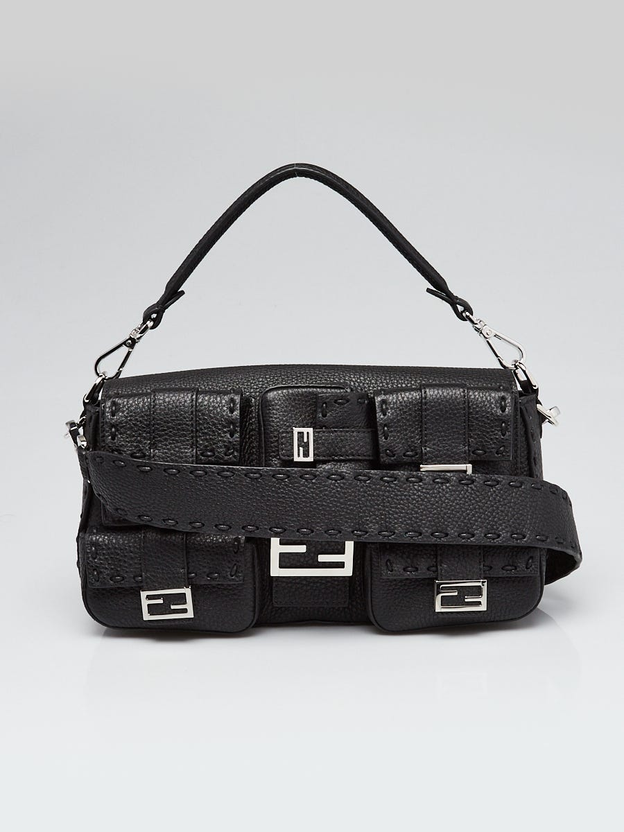 Fendi Black Selleria Leather Convertible Multipocket Baguette Bag
