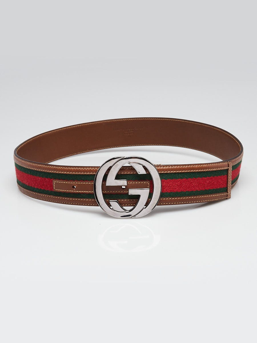 Gucci Brown Leather Red/Green Canvas Web Interlocking G Belt Size