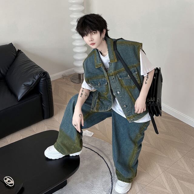 予約販売】メンズ セットアップ メンズ デニム ベスト ペイント