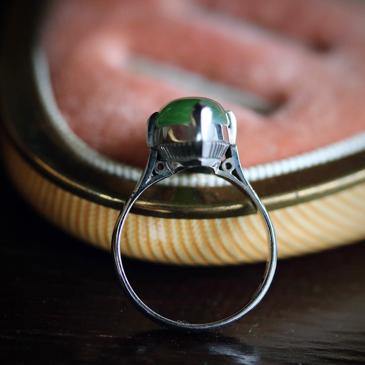 K14WG 天然ネフライト 翡翠 千本透かし ヴィンテージリング