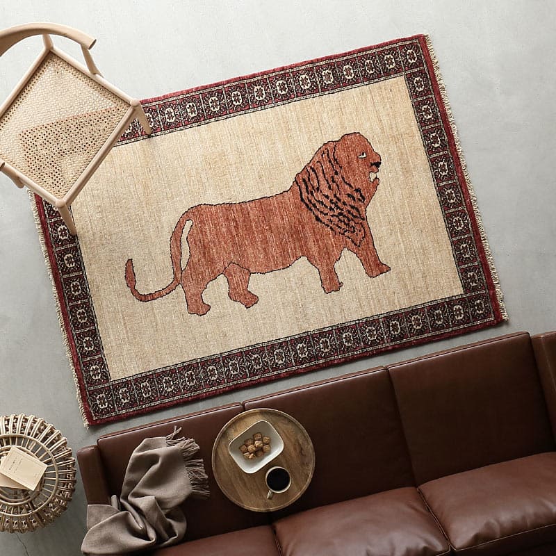 古典柄を再現したライオンラグ [オレンジ ライオン×アイボリー