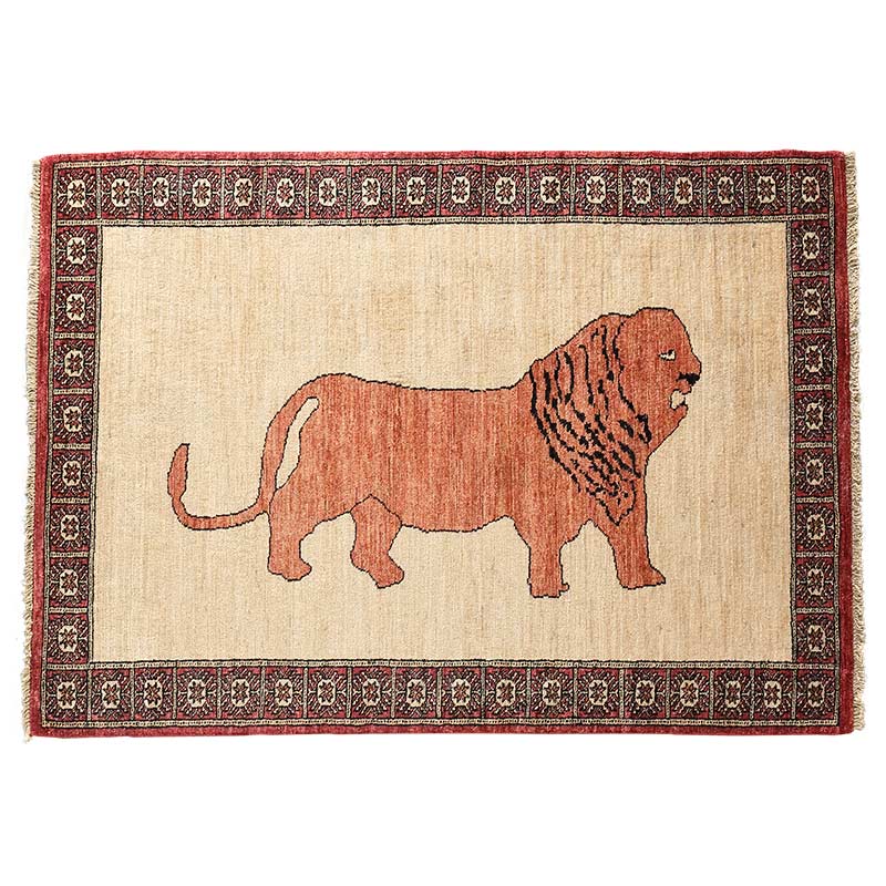 古典柄を再現したライオンラグ [オレンジ ライオン×アイボリー