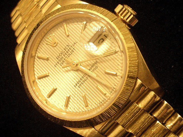 Ladies Rolex 18K Gold Datejust President Watch Bark Tapestry 69278