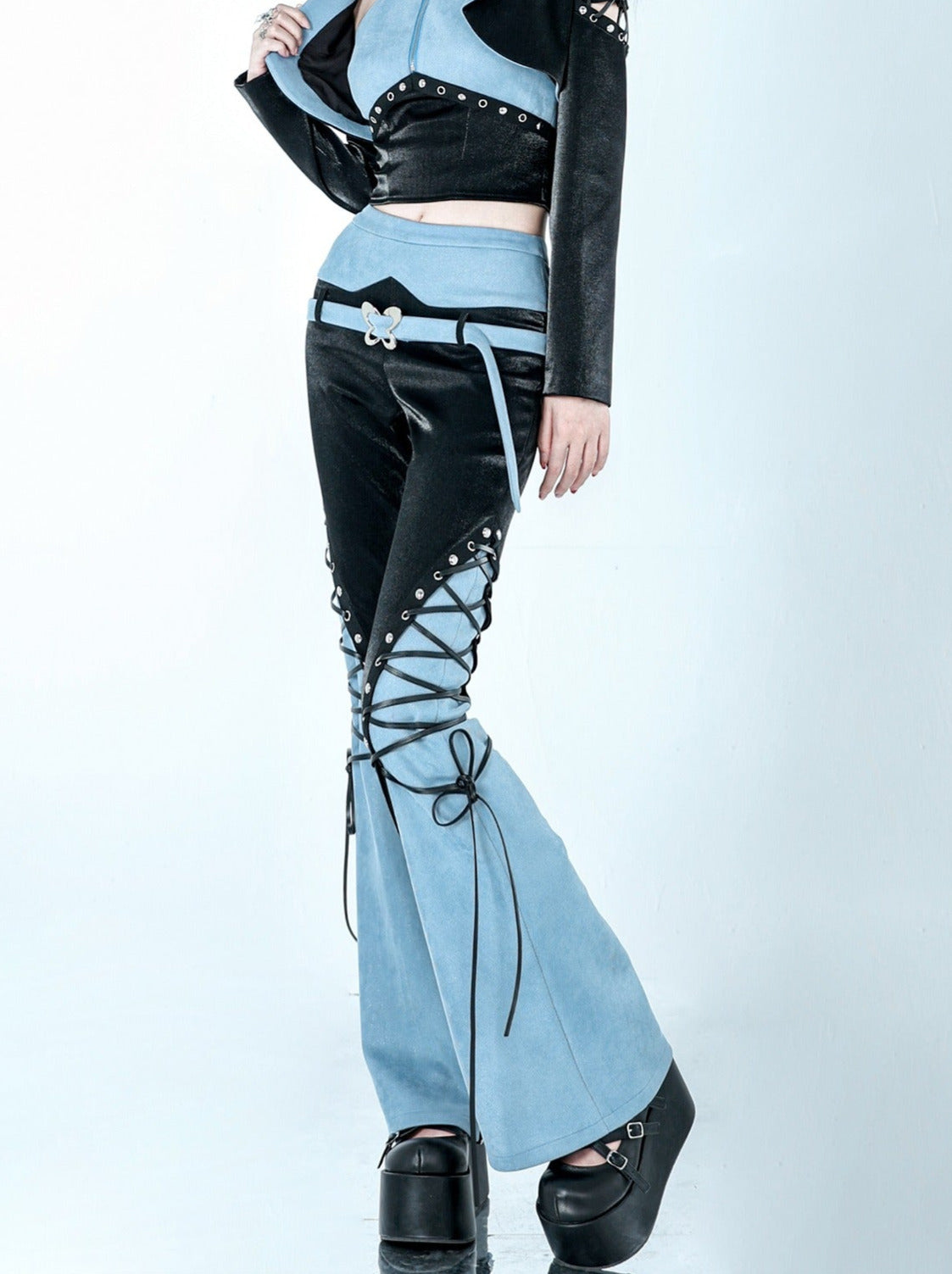 Y2Kサイバーパンクバタフライベルトコントラストカラーフレアパンツ