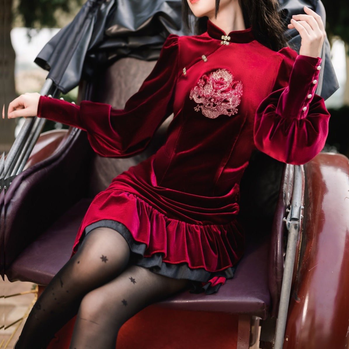 アシメフリルベルベットドラゴンチャイナドレス＋羽織 – Belchic