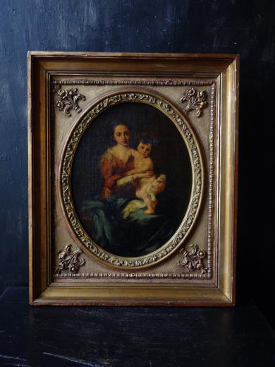 西洋アンティーク絵画・19世紀 宗教画・聖母子像&オーバル額