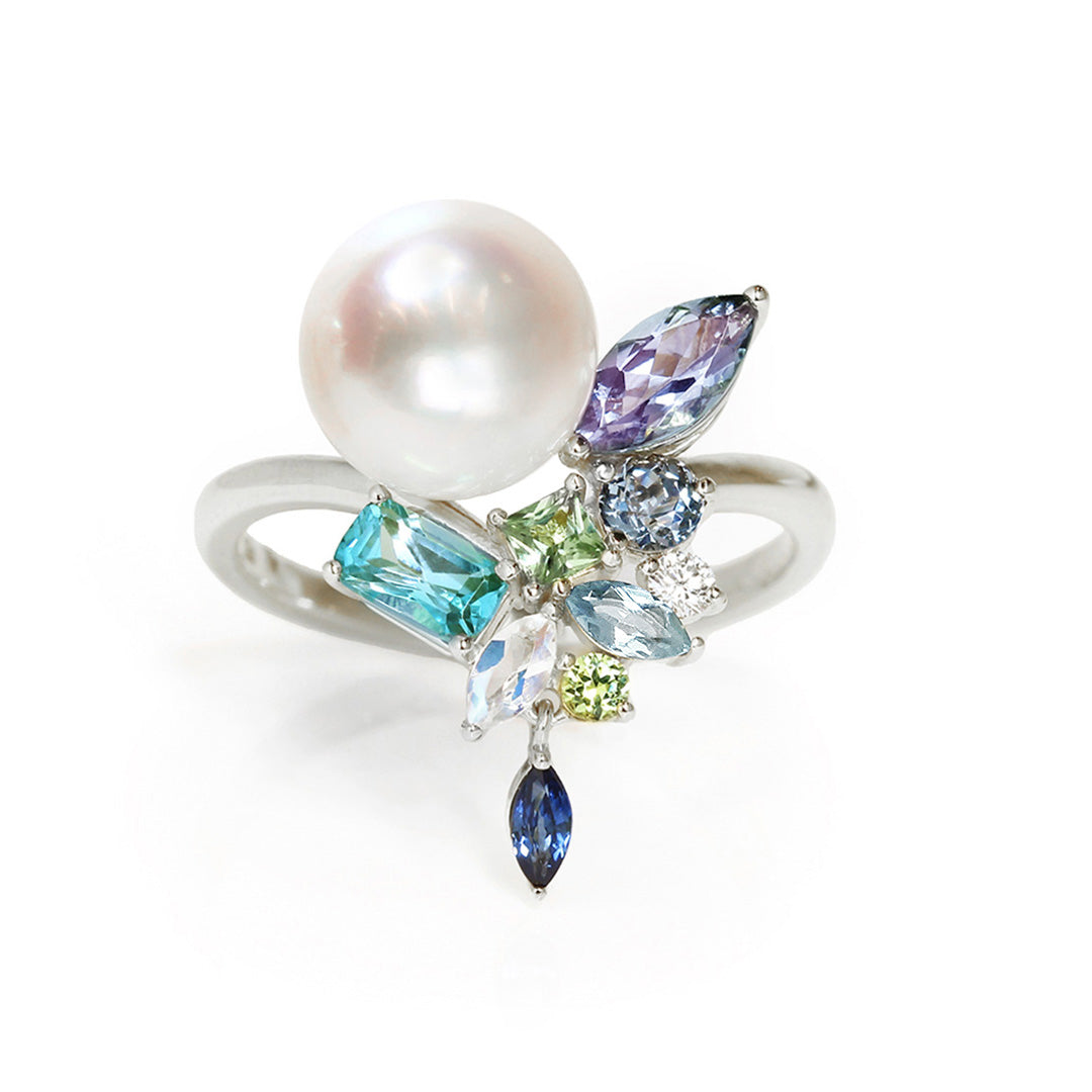 ビズー公式】あこや真珠×マルチカラージュエル K18/PTリング