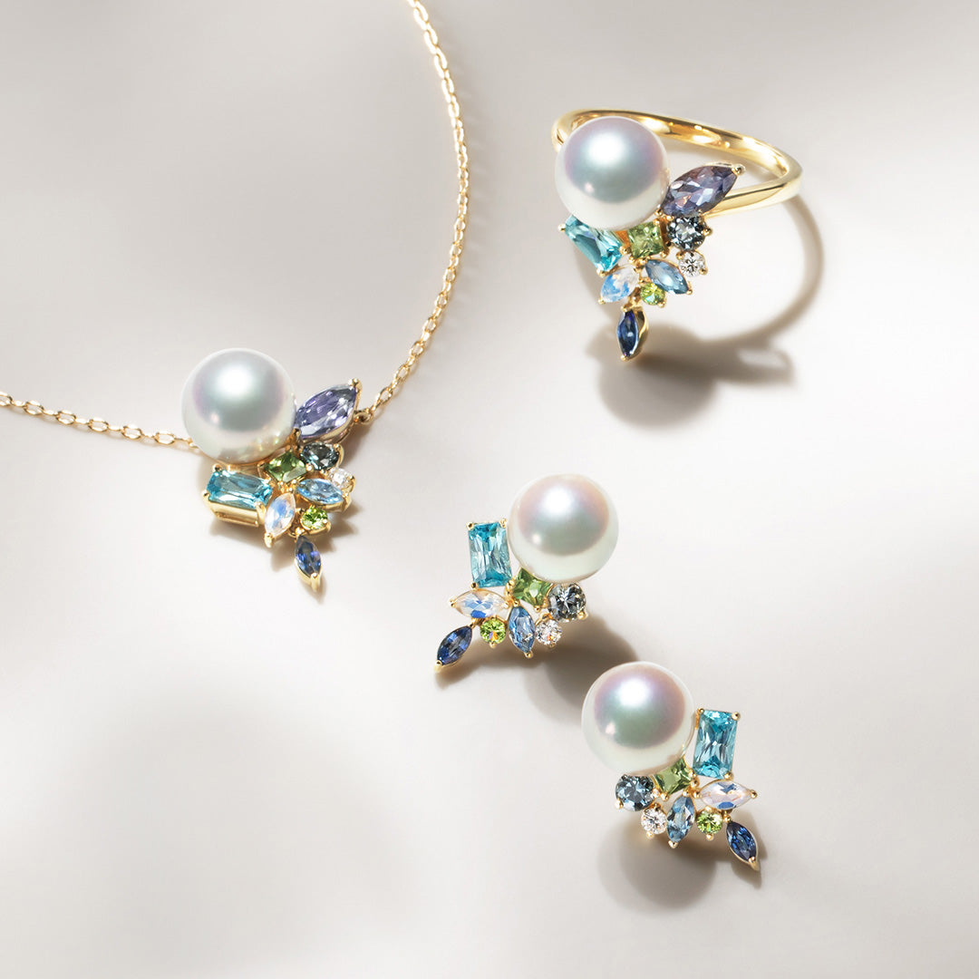 ビズー公式】あこや真珠×マルチカラージュエル K18/PTピアス(両耳