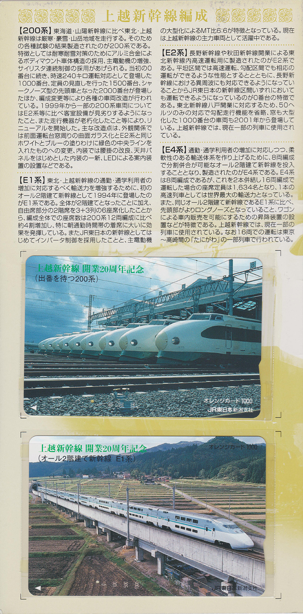 カードコレクション】 JR東日本 上越新幹線開業20周年記念オレンジ