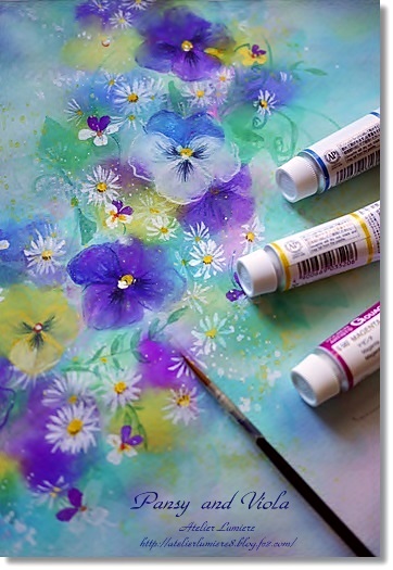 ガッシュで描く、しあわせ色の水彩画…パンジー＆ビオラ 花の絵 - 薔薇