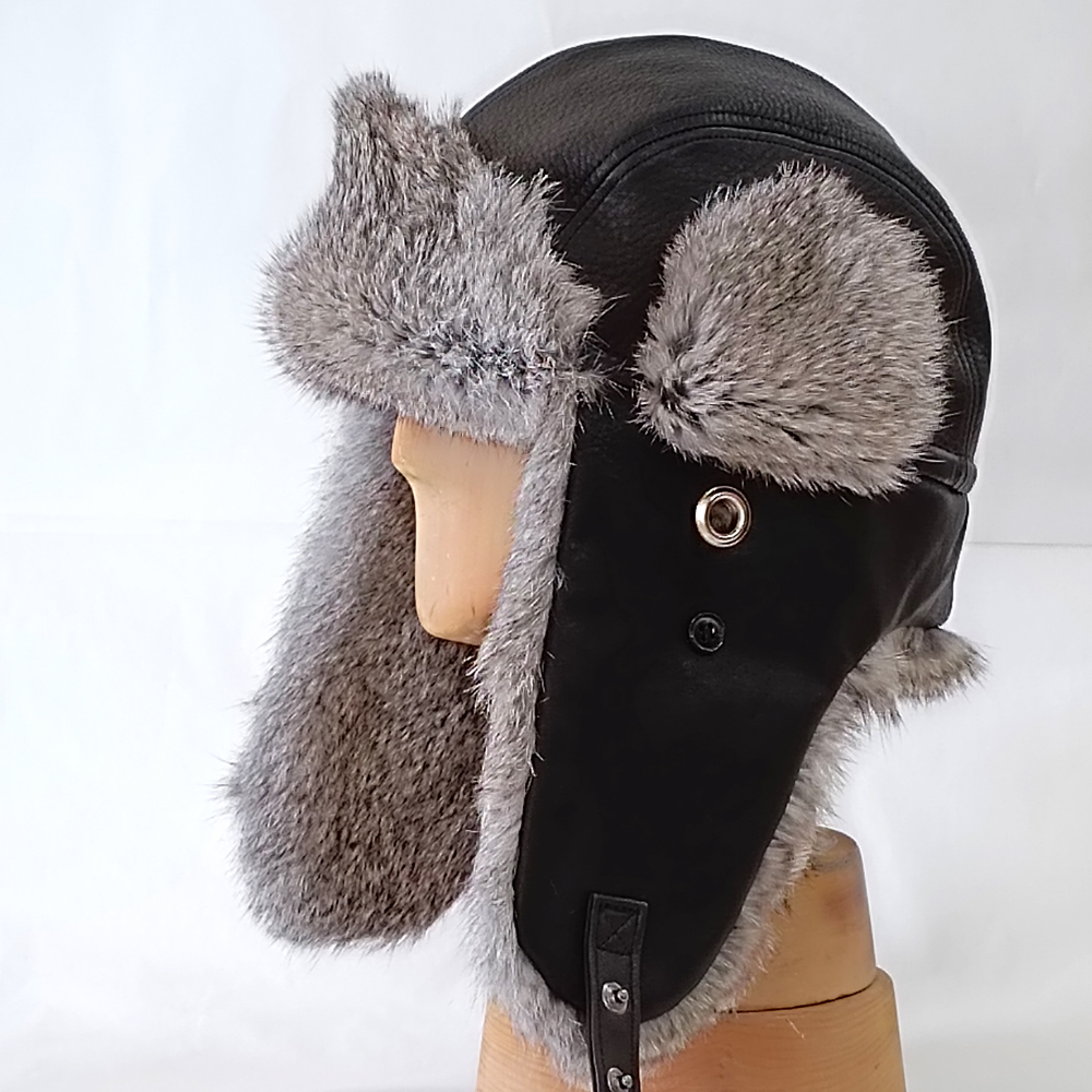 フライトキャップ 牛革(黒)×ラビットファー(グレー) つばなし飛行帽