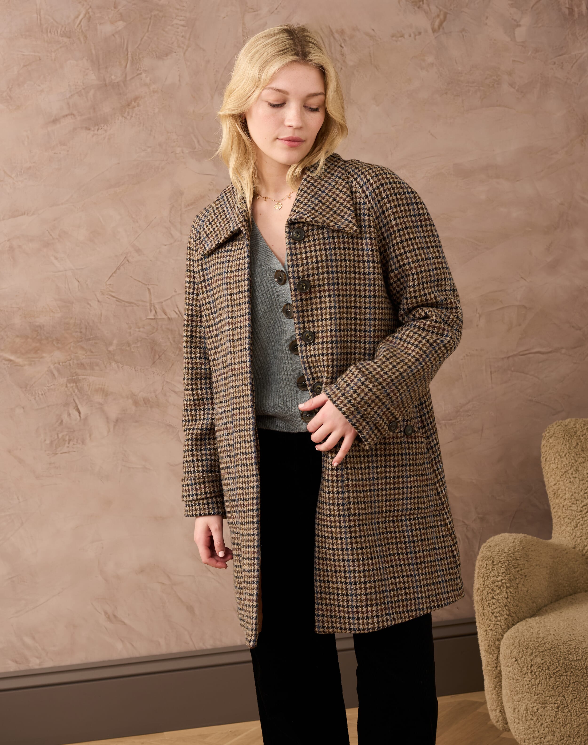 Harris Tweed Swing Coat in Walnut & Navy | Brora Sale